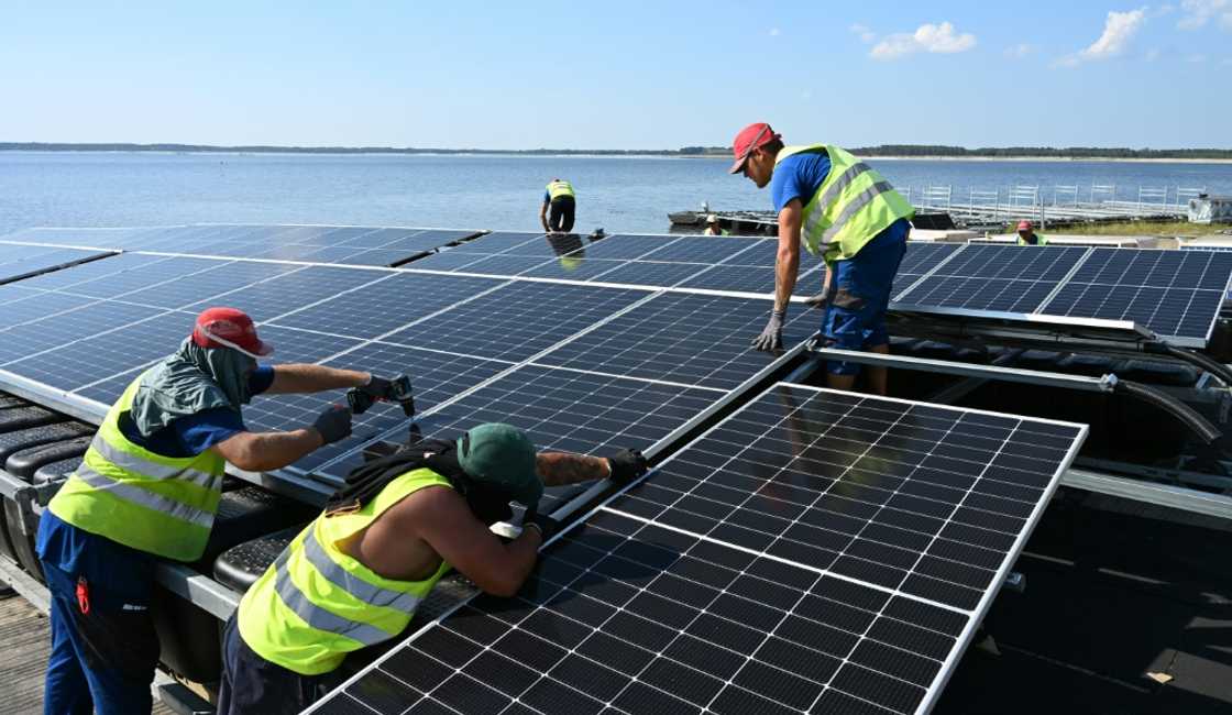 A floating solar energy farm on the Cottbuser Ostsee lake in eastern Germany -- the EU hopes to strengthen supply lines for green technologies, like solar and wind power, chips and pharmaceutical ingredients