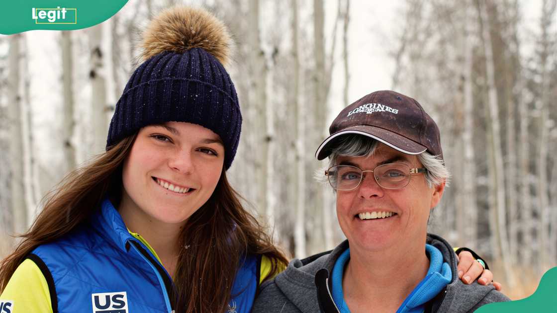 Breezy Johnson with her mother, Heather Noble, outdoors in a winter landscape