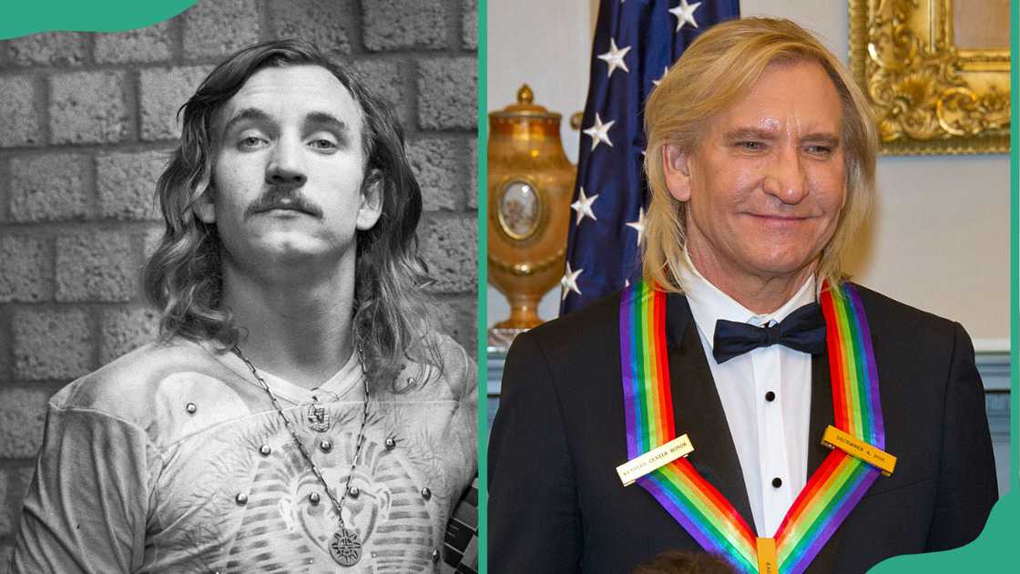 Joe Walsh's portrait in Amsterdam, Netherlands in 1975 (L). The musician pose for a photo (R)