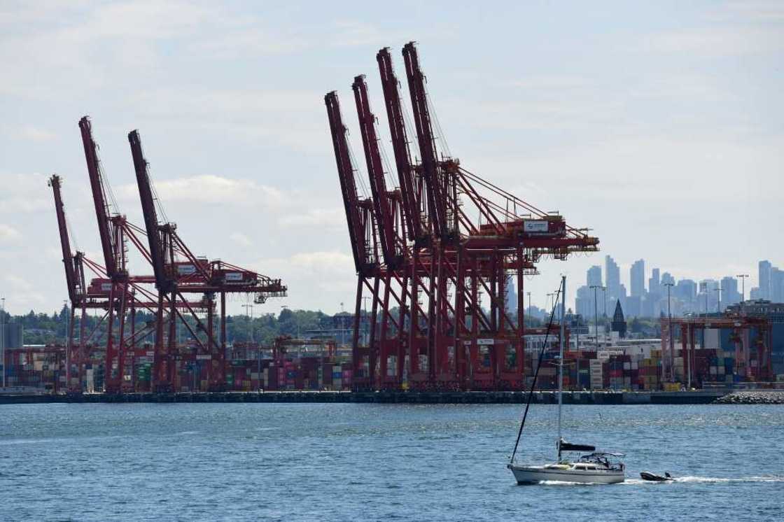 Cranes and containers at the DP World marine terminal at Port Metro Vancouver on July 11, 2023