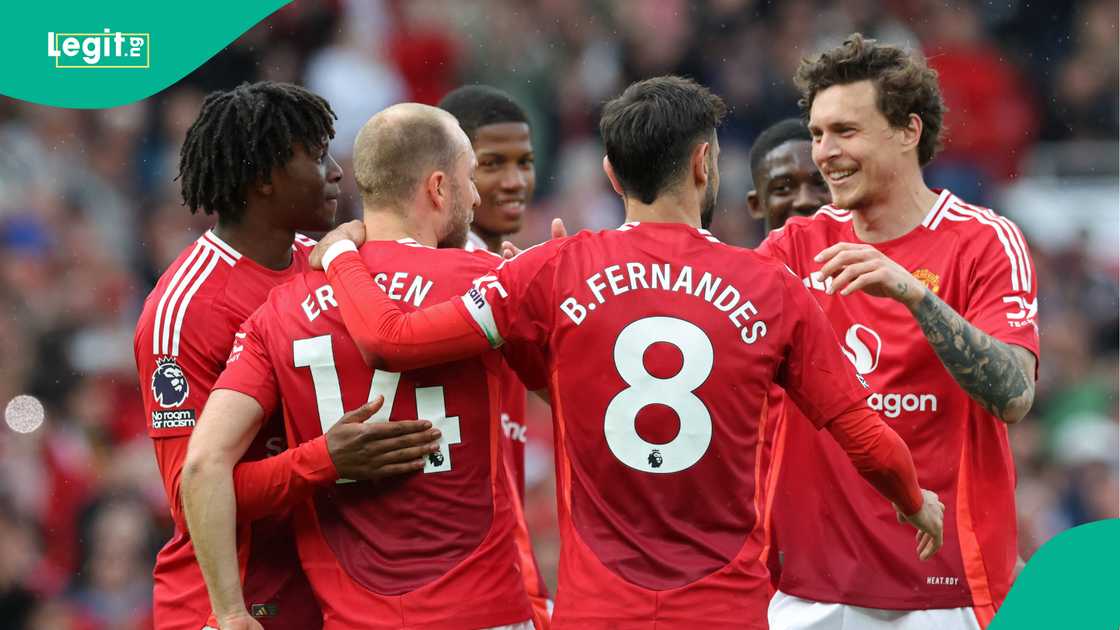 Patrick Dorgu, Christian Eriksen, Chido Obi, Bruno Fernandes, Kobbie Mainoo, Victor Lindelof, Manchester United, Old Trafford, Manchester, England, Premier League Patrick Dorgu, Christian Eriksen, Chido Obi, Bruno Fernandes, Kobbie Mainoo, Victor Lindelof, Manchester United, Old Trafford, Manchester, England, Premier League