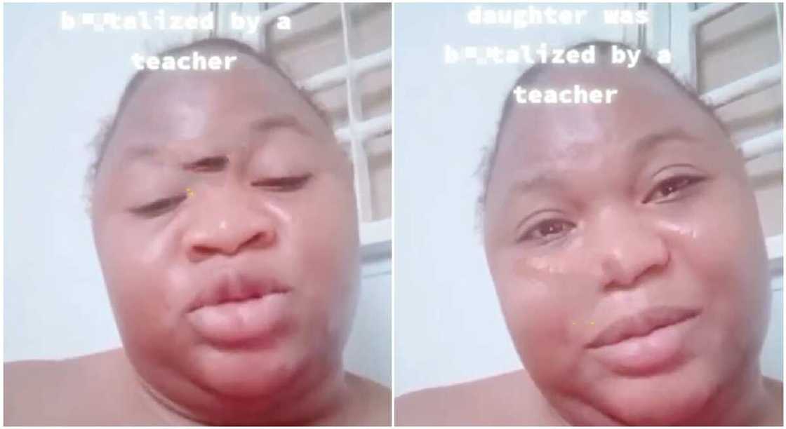 Mother crying over brutalised daughter.