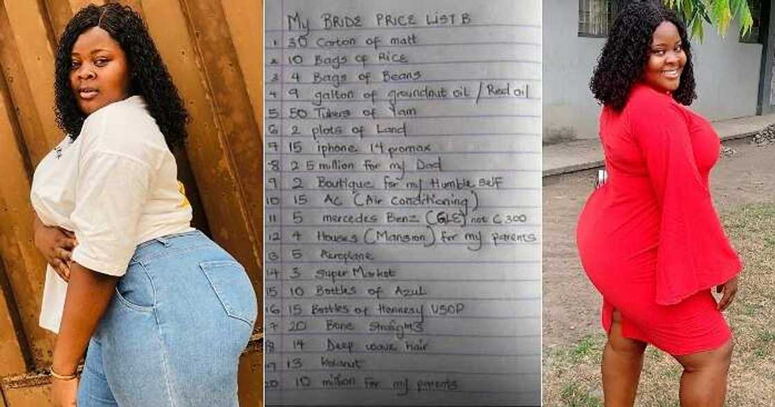 Curvy lady displays bride price list