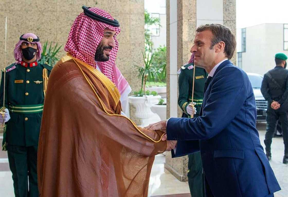 Crown Prince Mohammed bin Salman (L) receives French President Emmanuel Macron in the Saudi Arabian city of Jeddah in 2021 Crown Prince Mohammed bin Salman (L) receives French President Emmanuel Macron in the Saudi Arabian city of Jeddah in 2021
