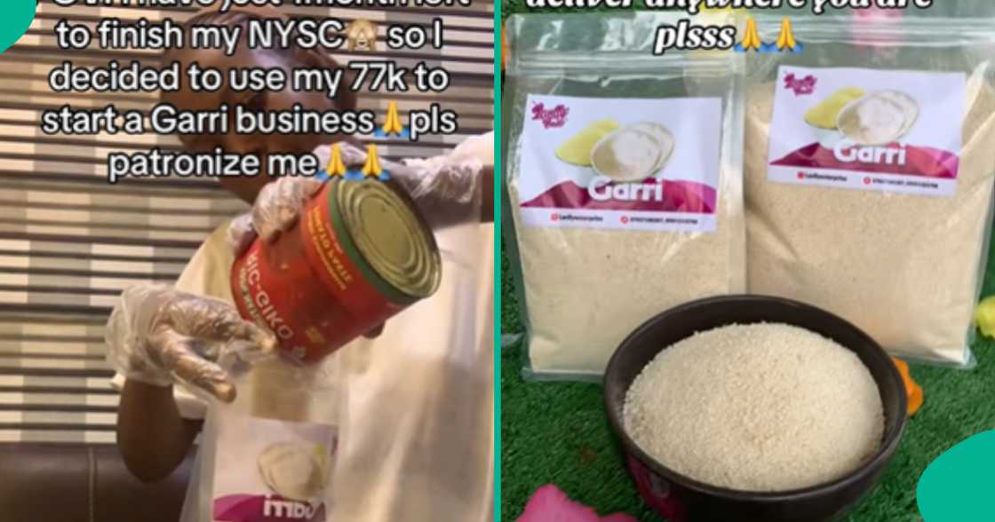 A female NYSC member uses her N77,000 allowance to start a small garri business. A female NYSC member uses her N77,000 allowance to start a small garri business.