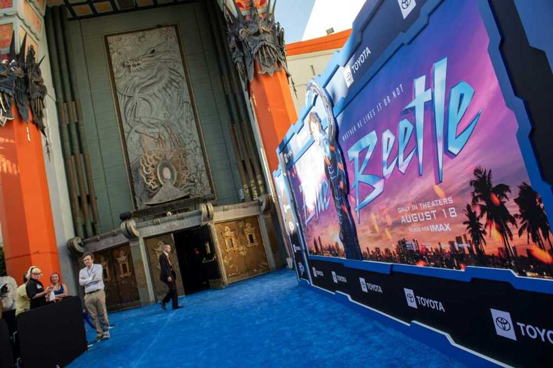 View of the blue carpet during Warner Bros' "Blue Beetle" premiere in Hollywood, California