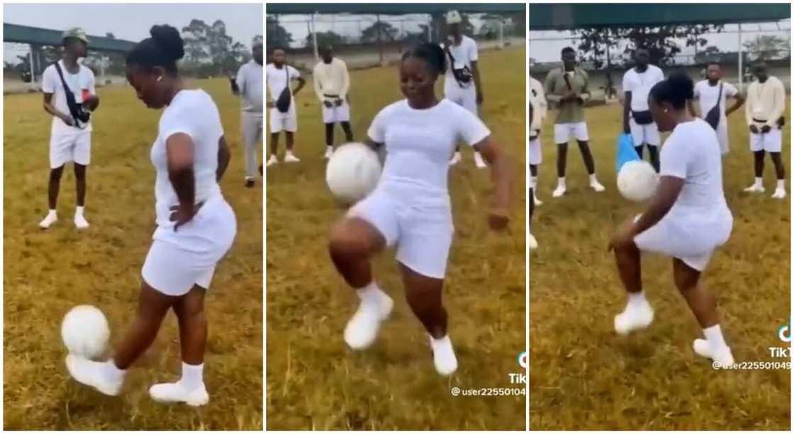 Photos of a female corps member playing football. Photos of a female corps member playing football.