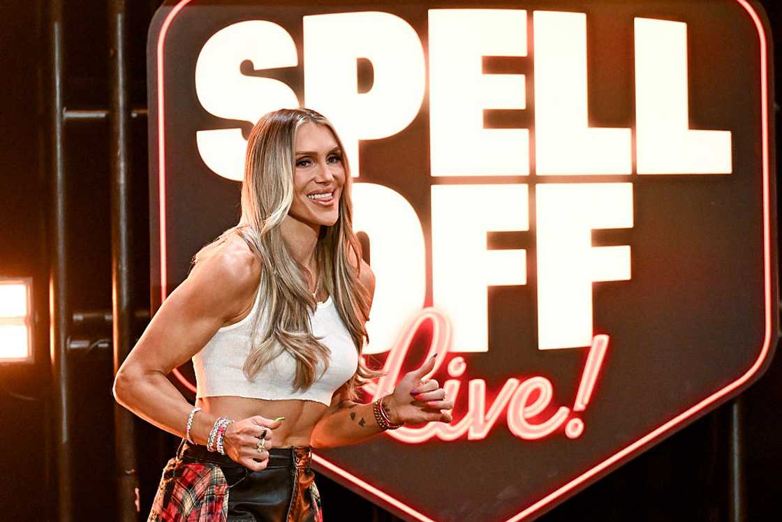 Charlotte Flair on stage during the premiere episode of "The Spell Off LIVE!" Charlotte Flair on stage during the premiere episode of "The Spell Off LIVE!"