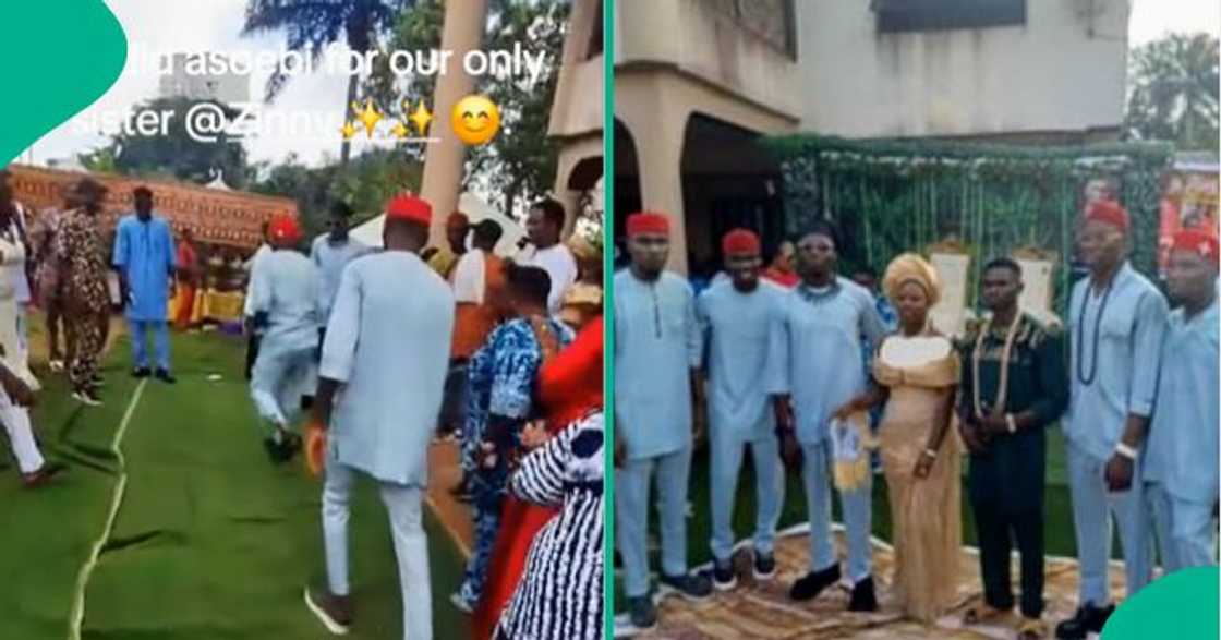 Five brothers perform asoebi duties for their sister. Five brothers perform asoebi duties for their sister.