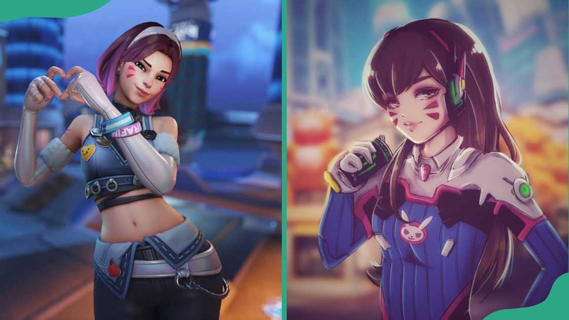 D.Va makes a city (L). D.Va with the headset in the cityscape (R). D.Va makes a city (L). D.Va with the headset in the cityscape (R).