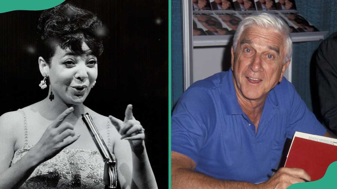 Singer Monica Boyar singing and actor Leslie Nielsen at the Miami Convention Center