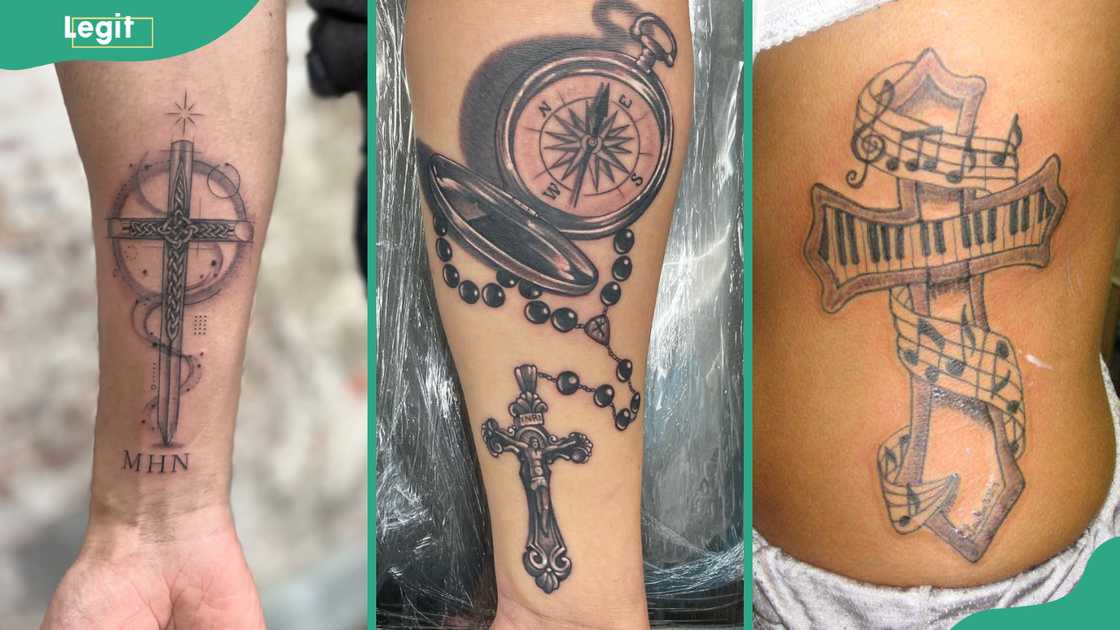 Cross with family initials (L), A cross with compass (C) and a cross with music notes (R) Cross with family initials (L), A cross with compass (C) and a cross with music notes (R)