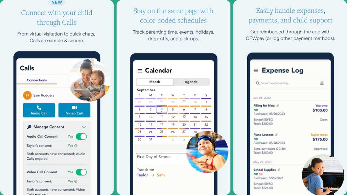 Main features of OurFamilyWizard Co-Parent App.