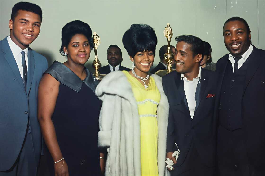 Muhammad Ali, Altovise Davis, Sonji Roi, Sammy Davis Jr., and Herbert Muhammad pose standing