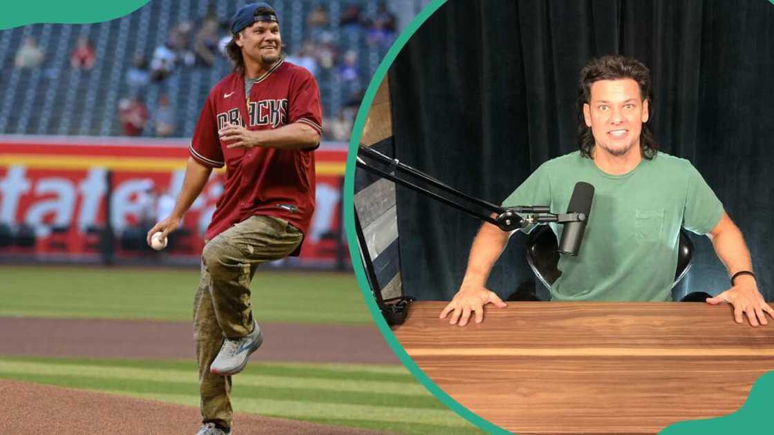 Theo Von throwing pitch and the podcaster hosting a podcast Theo Von throwing pitch and the podcaster hosting a podcast