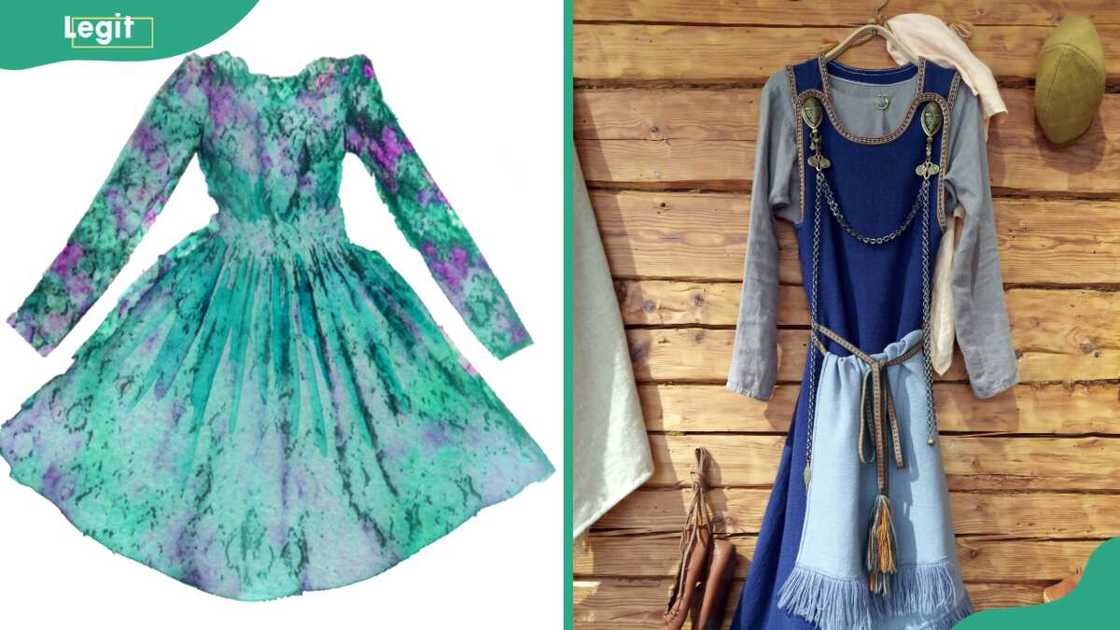 Dress on a white background (L) and old-fashioned peasant garments (R) Dress on a white background (L) and old-fashioned peasant garments (R)