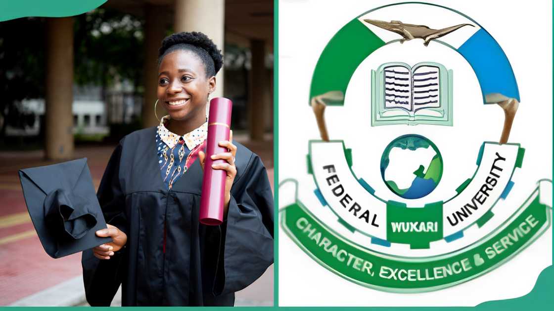 A young scholar graduating at her college (L). Federal University Wukari logo (R) A young scholar graduating at her college (L). Federal University Wukari logo (R)