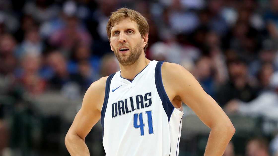 Dirk Nowitzki of the Dallas Mavericks stands during a match.