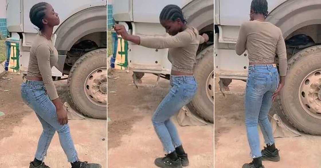 Female truck driver dances on the road Female truck driver dances on the road