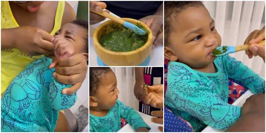 Sweet Moment as Couple Tried to Give Their Nigerian Kid Amala for Breakfast, Viral Video Stirs Funny Reactions