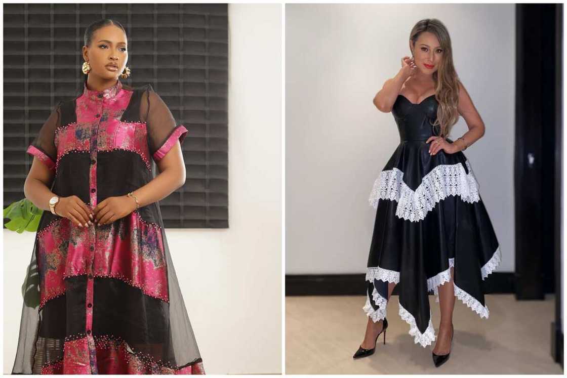 Two ladies showcasing damask high-low hem dress Two ladies showcasing damask high-low hem dress