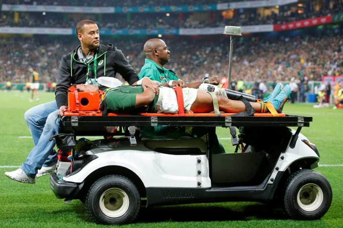 South Africa wing Kurt-Lee Arendse is removed from the field after being injured during a Rugby Championship match against New Zealand in Mbombela on August 6, 2022. South Africa wing Kurt-Lee Arendse is removed from the field after being injured during a Rugby Championship match against New Zealand in Mbombela on August 6, 2022.
