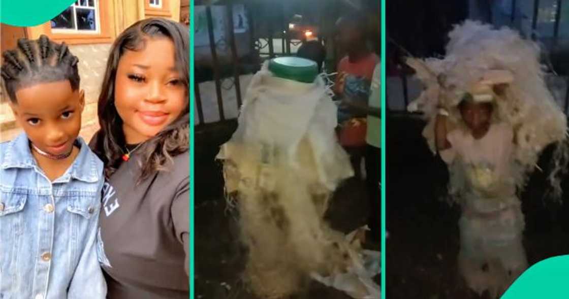 Mum sees son dressed like a masquerade. Mum sees son dressed like a masquerade.