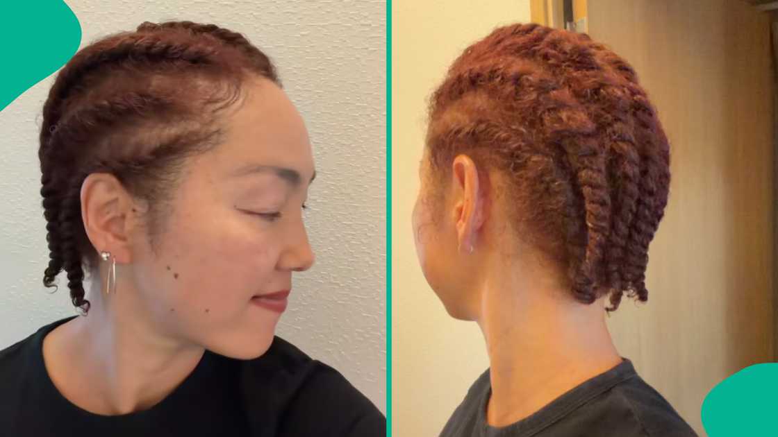Asian lady displays the kind of hair she has. Asian lady displays the kind of hair she has.