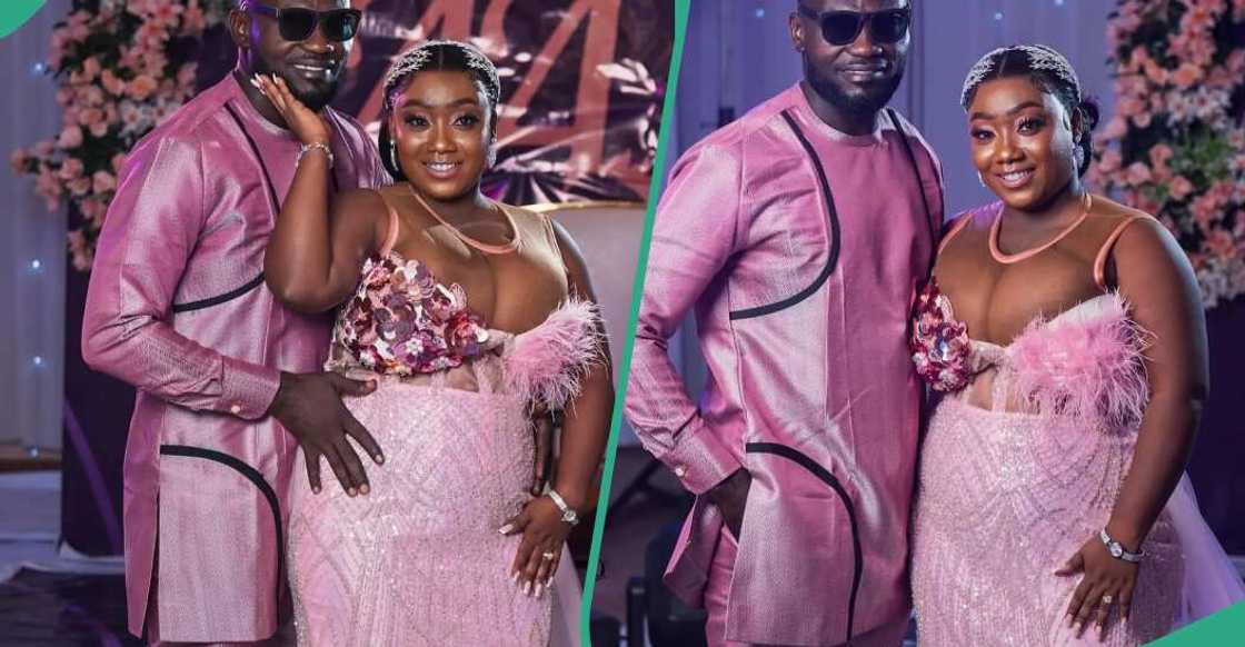 Bride exposes her chest on pink attire