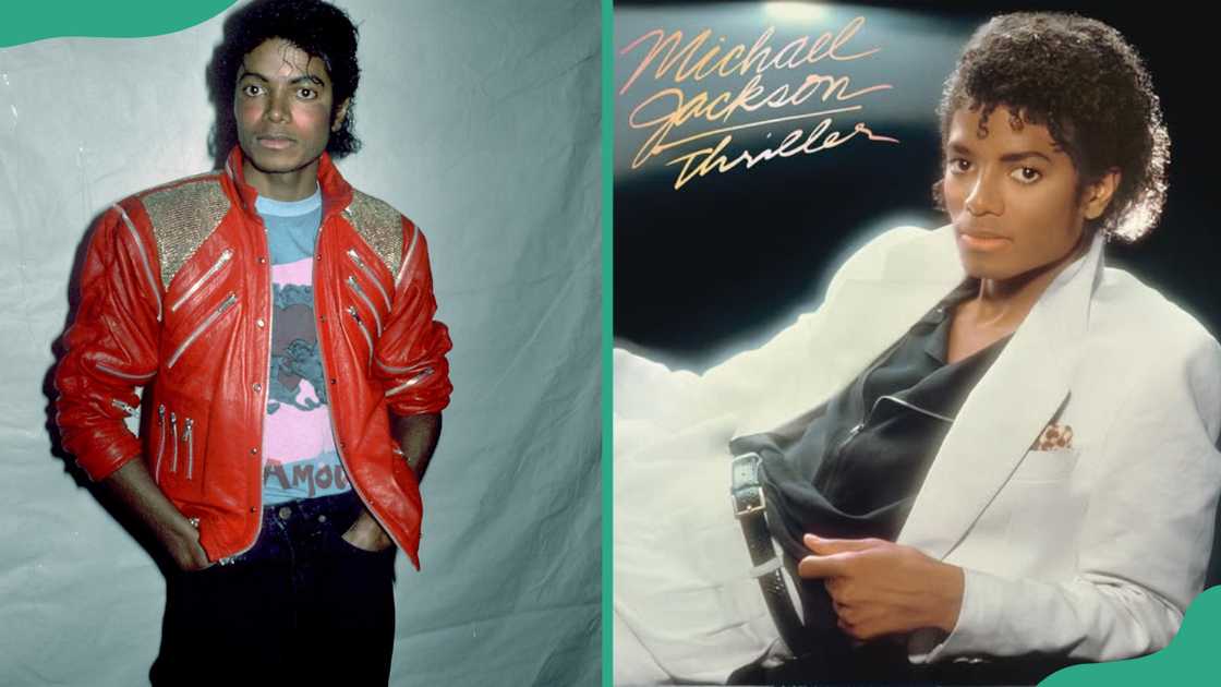 Michael Jackson at Desilu Studios in Culver City, California (L). A cover photo of Michael Jackson album, Thriller (R). Michael Jackson at Desilu Studios in Culver City, California (L). A cover photo of Michael Jackson album, Thriller (R).