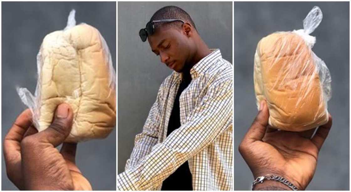 Photo of small loaf of bread and a Nigerian man lamenting high cost of bread. Photo of small loaf of bread and a Nigerian man lamenting high cost of bread.