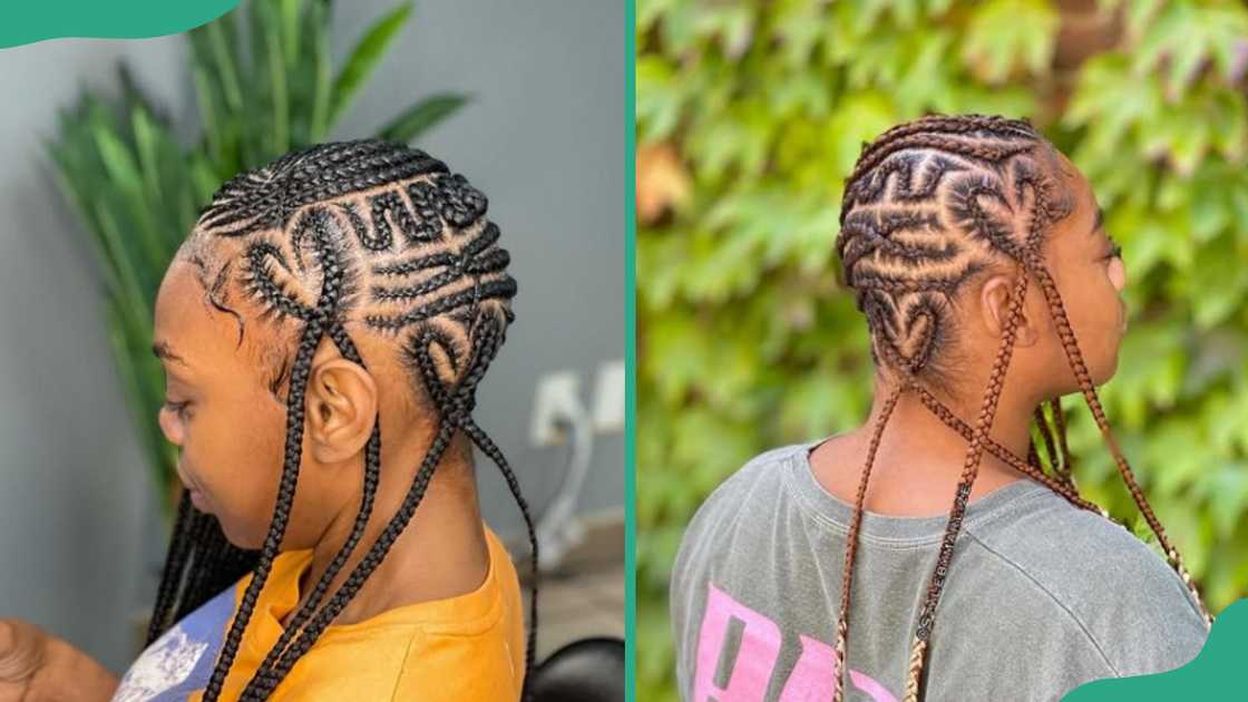 Two ladies showcasing free-style lemonade braids with a heart