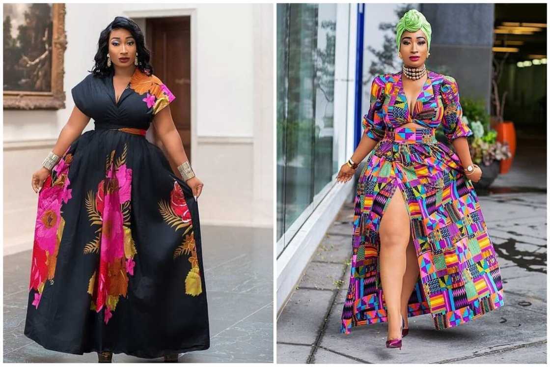 Two ladies in long material gowns Two ladies in long material gowns