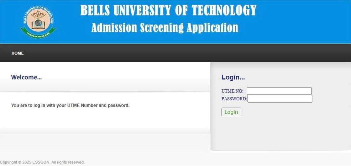 A screenshot of the Bells University of Technology e-portal login page. A screenshot of the Bells University of Technology e-portal login page.