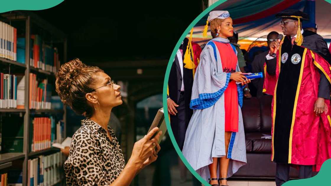 A university student choosing a book from the shelf in a library (L). LASPOTECH students graduating in 2020 (R)