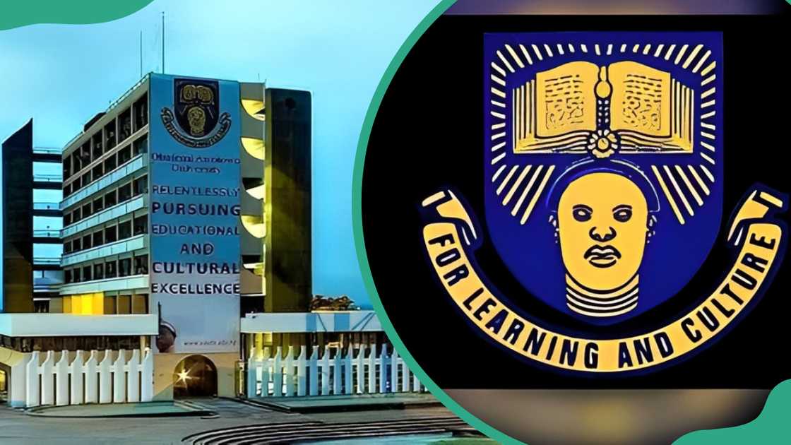 A section of Obafemi Awolowo University (L) and OAU logo (R)