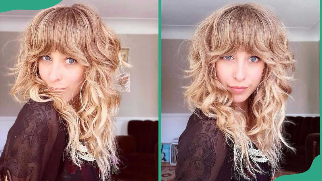 A woman displays her razor shag hairstyle