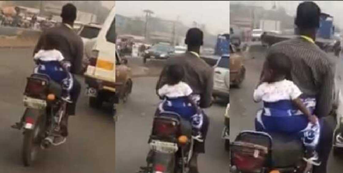 Okada man seen cruising on his bike with his baby on his back