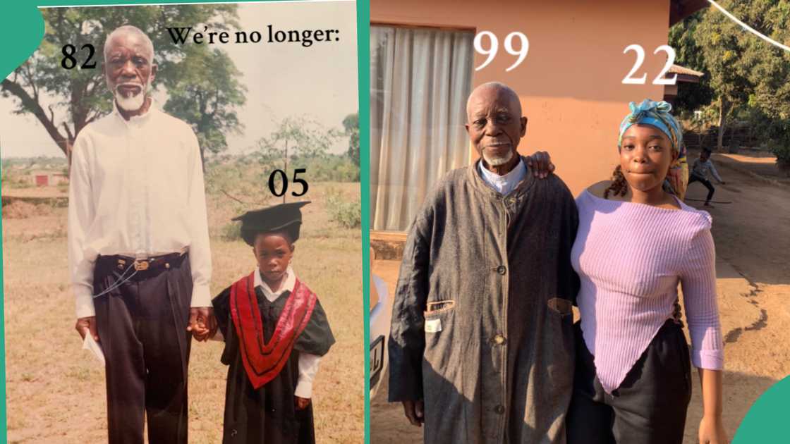 Lady poses with her grandfather at age 99. Lady poses with her grandfather at age 99.