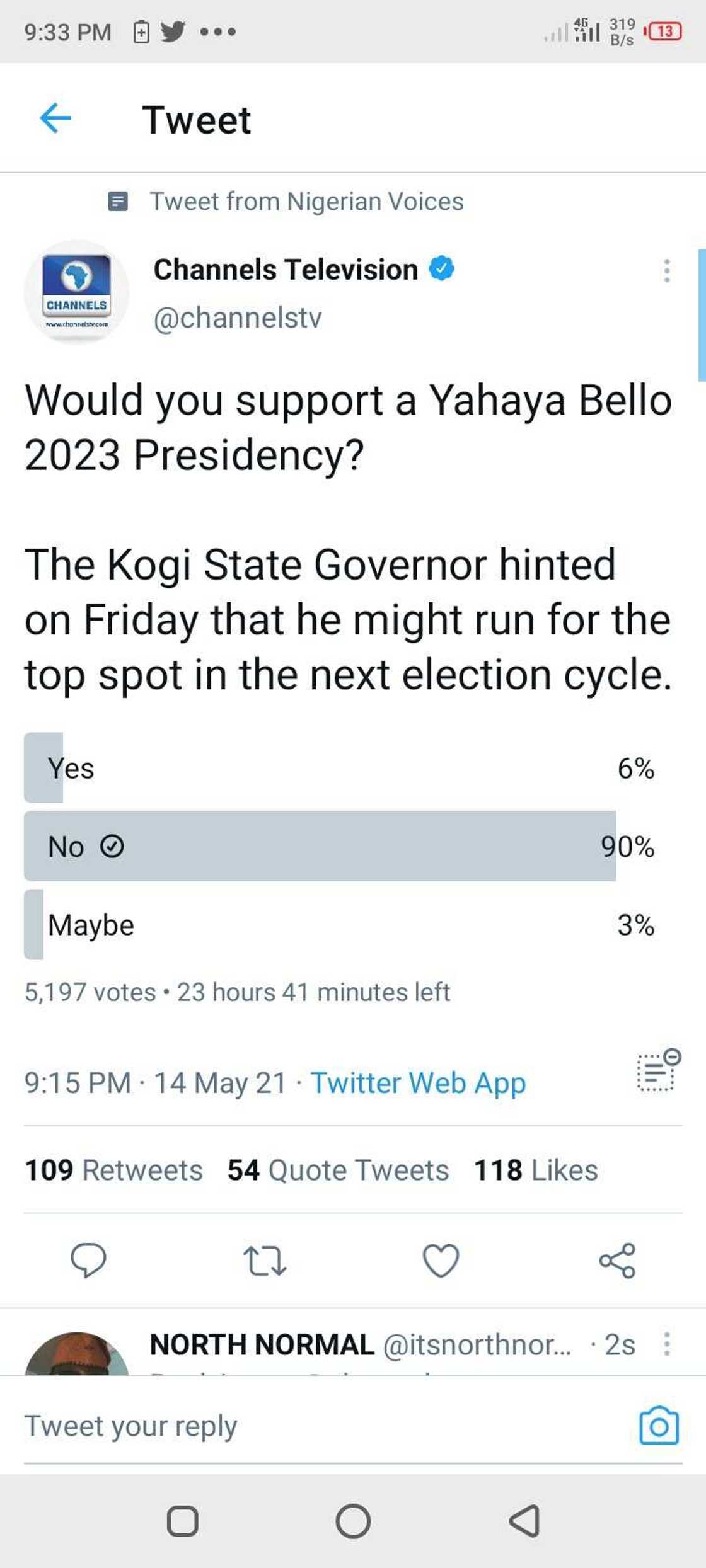 2023: Yahaya Bello scores 6% in presidential poll on Twitter