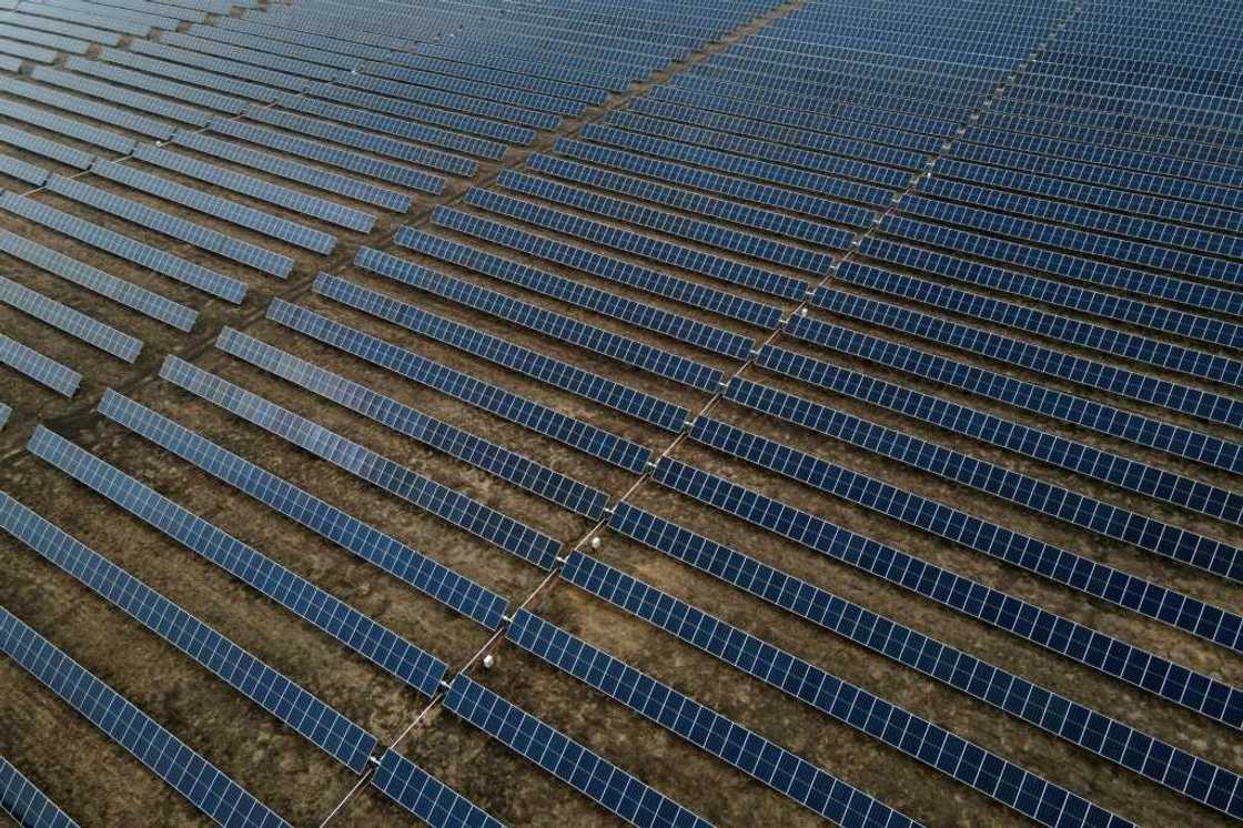 An aerial view of a vast solar-energy installation in Hill County, Texas, on March 1, 2023