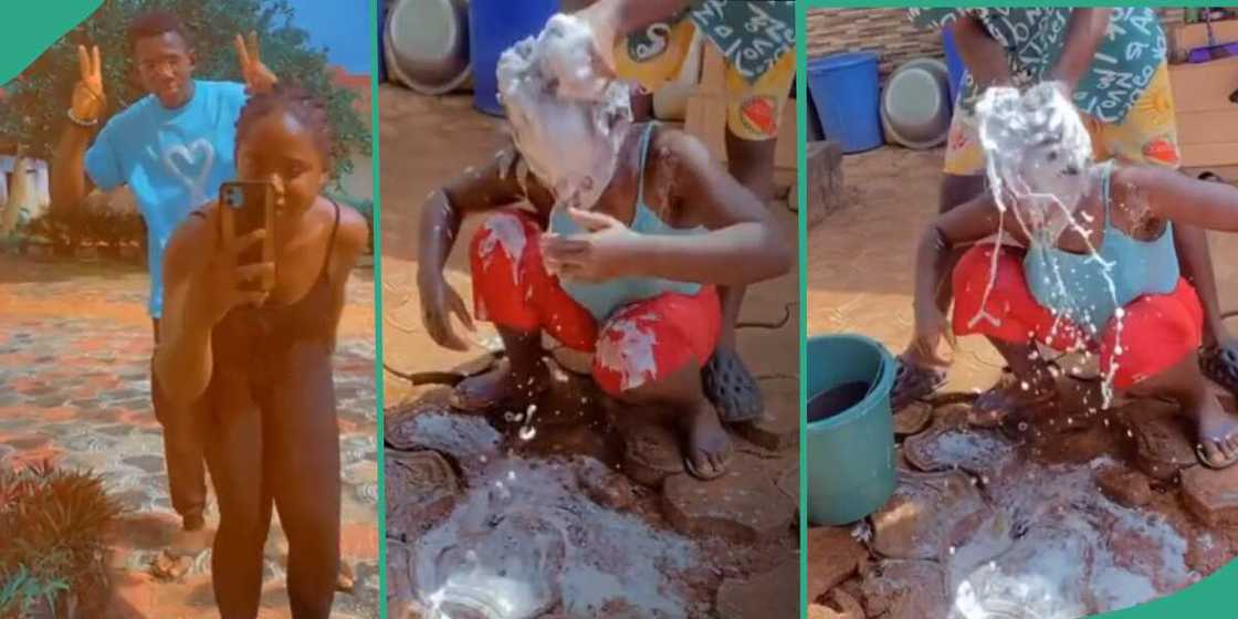 Young man helping his sister to wash her hair.