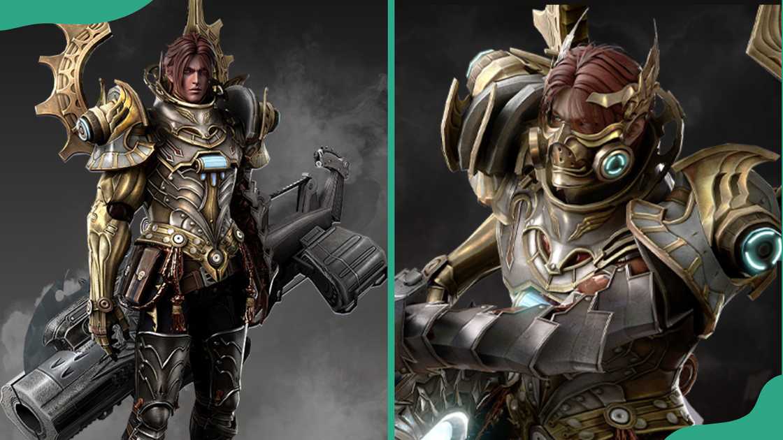 Red-haired Artillerist in golden armour holding weapon (L).
Artillerist wearing high-tech golden armour with mask (R). Red-haired Artillerist in golden armour holding weapon (L).
Artillerist wearing high-tech golden armour with mask (R).