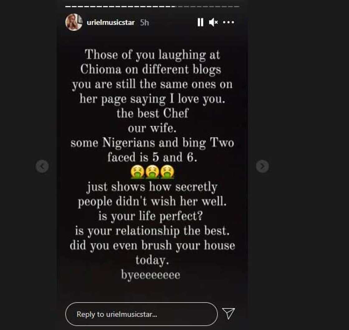 BBNaija star Uriel slams people mocking Chioma after Davido was spotted with another lady