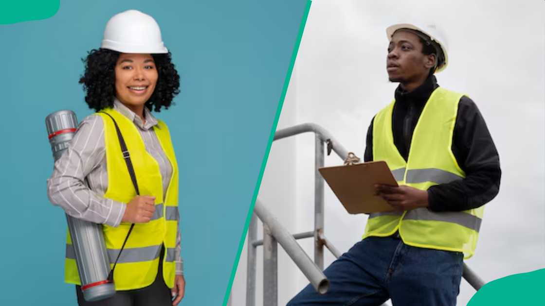Engineers in protective helmets and reflective jackets Engineers in protective helmets and reflective jackets