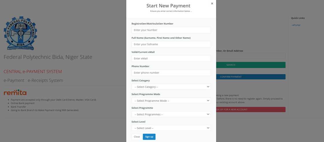 Federal Polytechnic Bida ePayment sign-up home page