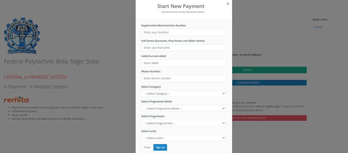 Federal Polytechnic Bida ePayment sign-up home page Federal Polytechnic Bida ePayment sign-up home page