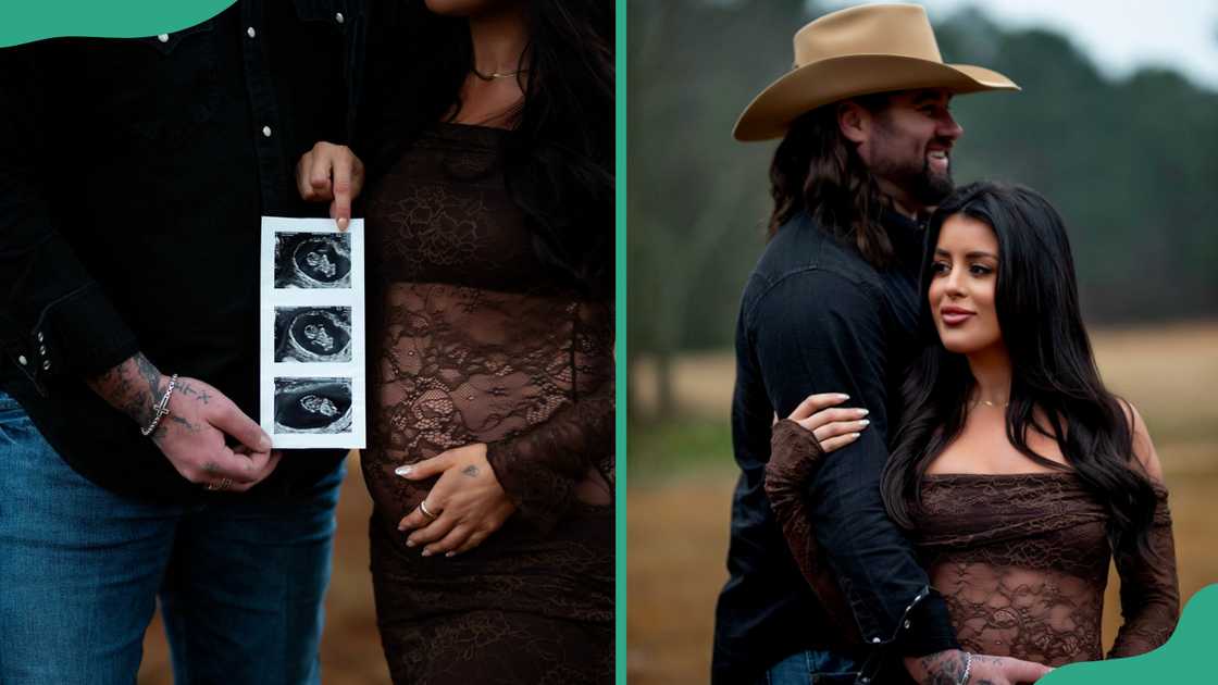 Koe Wetzel and his girlfriend showing a strip of ultrasound images (L). The couple shares a warm embrace (R) Koe Wetzel and his girlfriend showing a strip of ultrasound images (L). The couple shares a warm embrace (R)
