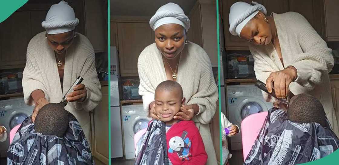 Mother cuts her son's hair herself. Mother cuts her son's hair herself.