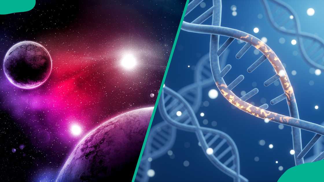 Big Planets and shining stars galaxy in space (L). A DNA chromosome (R)